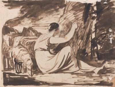 Paimentolaisnainen leikkaa kaiverrusta puuhun tekijältä George Romney