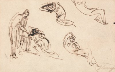 Seisova hahmo ja neljä makuulla olevaa hahmoa tekijältä George Romney
