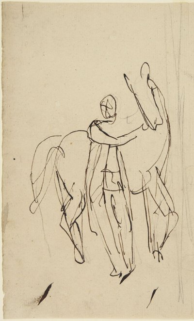 Luonnos miehen muotokuvasta, jossa hän seisoo hevosen vieressä tekijältä George Romney