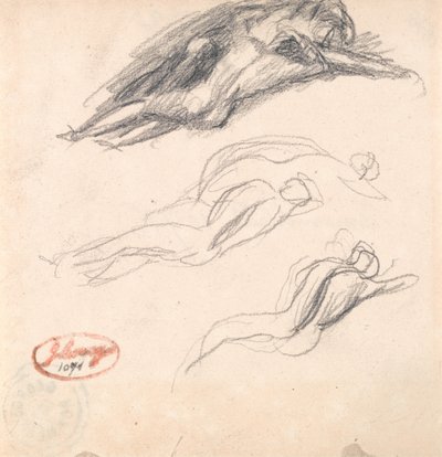 Kolme luonnosta nukkuvaa hahmoa, luultavasti Aatami ja Eeva, varten "Saatana löydetty Eevan korvasta". tekijältä George Romney