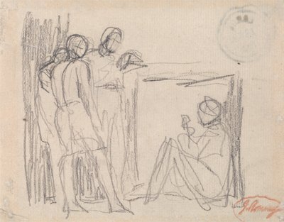 Kolme seisovaa hahmoa ennen istuvaa hahmoa tekijältä George Romney