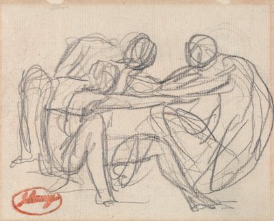 Kaksi polvistuvaa hahmoa kamppailee istuvan hahmon kanssa. tekijältä George Romney