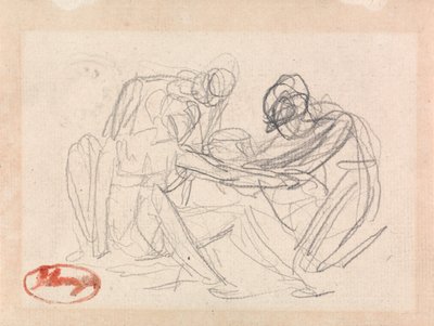 Kaksi polvistuvaa hahmoa istuvan hahmon edessä tekijältä George Romney
