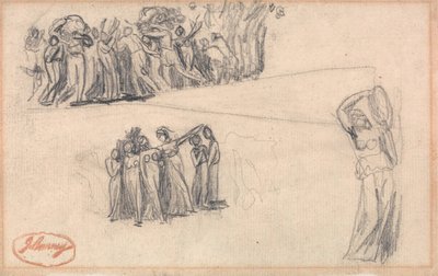 Kaksi luonnosta pakenevista naisista ja lapsista sekä seisova naishahmo, joka soittaa tamburiinia, kuten Lady Anne Levesonin "Dancing Gower Children" -teoksessa. tekijältä George Romney