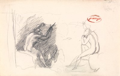 Kaksi luonnosta istuvasta miesalastomasta, takanäkymä tekijältä George Romney