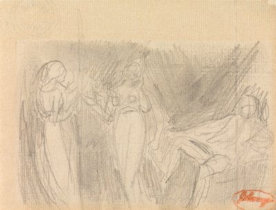 Kaksi naista ja istuva mies tekijältä George Romney
