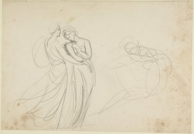 Kaksi naishahmoa istuvan hahmon edessä, luonnos teokseen ”Kaksi neitoa ennustajan luona” tekijältä George Romney