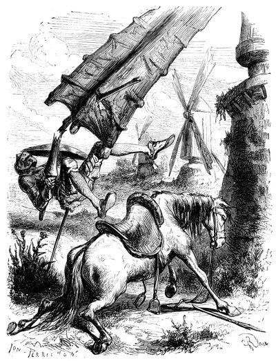 Taistelu tehtaita vastaan: Don Quijote ja Rossinante heitetään maahan myllyn siivellä. tekijältä George Roux