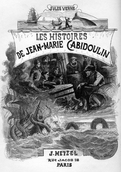 Jules Vernen romaanin "Les histoires de Jean-Marie Cabidoulin" (1901) etusivun kuvitus, Hetzel Collection/Extraordiaires, kuvittaja George Roux. "Merikohtausten mieleen palauttaminen: valaan harppuunan ampuminen, merikäärmeen hyökkäys laivaa vastaan." tekijältä George Roux