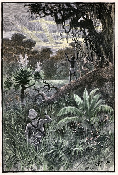 George Rouxin kuvitus Jules Vernen kirjaan "The Aerien Village" (1901), Hetzelin painos/Extraordinary Voyages, Known and Unknown Worlds. Näkymä afrikkalaiseen metsään (Kongo). tekijältä George Roux