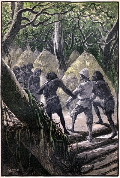 George Rouxin kuvitus Jules Vernen kirjaan "The Aerien Village" (1901), Hetzelin painos/Extraordinary Voyages, Known and Unknown Worlds. Löytöretkeilijöiden saapuminen Wagddis-puiden (Kongon metsän apinat) katveessa olevaan kylään. tekijältä George Roux