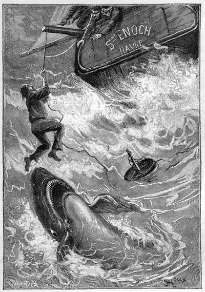 Jules Vernen romaani "Les histoires de Jean-Marie Cabidoulin" (1901), Hetzel Collection/Extraordiaires, kuvitus George Roux. "Merikohtaus: merimies joutuu hain hyökkäyksen kohteeksi Tyynellämerellä" tekijältä George Roux