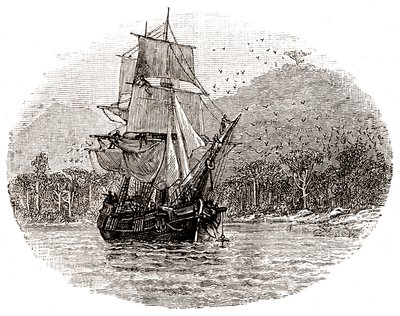 Hispaniola ankkuroituu saaren edustalla. tekijältä George Roux