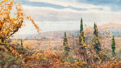 "Ja viinirypäleiden ja viljan laaksosta kukoistaa kupolien ja tornien kaupunki" (värilitografia). tekijältä George Samuel Elgood