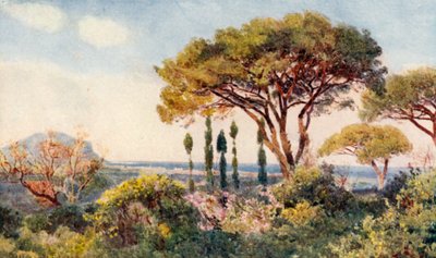 "Vuorten ja meren välissä" (värilitografia) tekijältä George Samuel Elgood