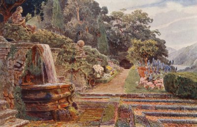 Italialaiset puutarhat: Villa Cicogna, Kaskadin alapuolella (värilitro). tekijältä George Samuel Elgood