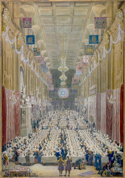 Näkymä Lord Mayorin illalliselle Guildhallissa, Lontoon Cityssä, 1828 tekijältä George Scharf