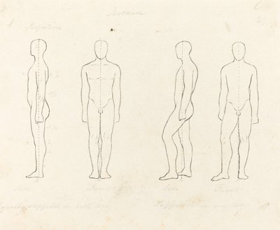 Liikkeen laajuus, näkymä edestä ja sivulta tasapainossa, tuettu yhdellä jalalla tekijältä George Scharf after John Flaxman