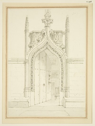 St Mary Redcliffe -huoneen oviaukko, n. 1812 (kynä ja akvarelli paperille) tekijältä George Shepherd