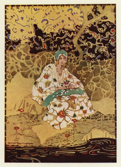 Erittäin kaunis tyttö istuu virran rannalla (väri litho) tekijältä George Sheringham