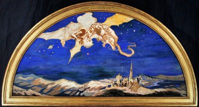 The Dragon Passing Over Travelers (vesiväri vartalovärillä ja kulta silkillä) tekijältä George Sheringham