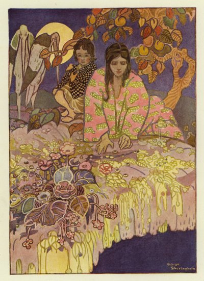 Tyttö katsoi reiän läpi ja näki maan kaukana alla (väri litho) tekijältä George Sheringham