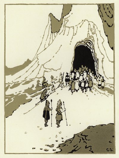 Ihmiset lähtivät etsimään jättiläisiä, ja pian he saapuivat luolaansa (väri litho) tekijältä George Sheringham