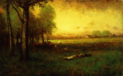 Lehmät laiduntavat auringonlaskun aikaan, tekijältä George Snr. Inness