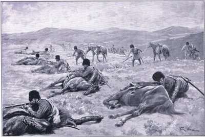 Kasakka ja hänen hevonen: laite suojan turvaamiseksi yhteenotossa, kuvitus Cassells History of the Russian-Japanese Warn Vol 1, n. 1900 tekijältä George Soper