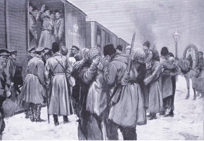 Venäläisten joukkojen lähtö Kaukoitään, kuva Cassellsista Venäjän ja Japanin sodan historia, osa 1, n. 1900 tekijältä George Soper