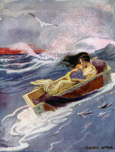 Perseus: "Ja pois ja merelle leijui äiti ja hänen vauvansa" (väri litho) tekijältä George Soper