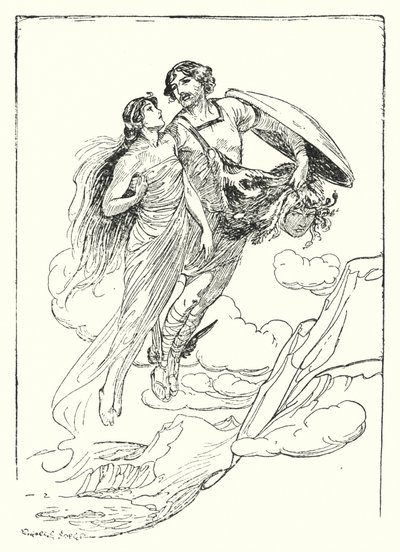 Perseus: "Perseus nosti kauniin Andromedan syliinsä ja pakeni tämän kanssa kallion huipulle" (litho) tekijältä George Soper