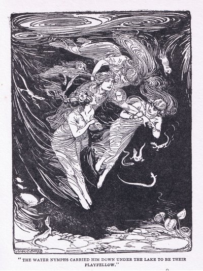 Vesinymfit kantoivat hänet alas järvestä leikkikaverilleen George Allenin ja Unwinin julkaisemasta The Heroesista 1929 (litho) tekijältä George Soper
