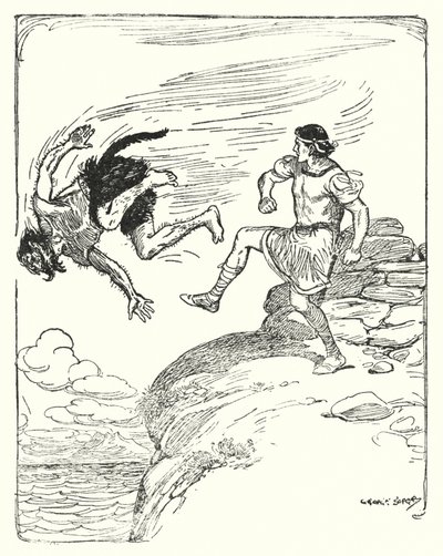 Theseus: "Hän potkaisi hänet kallion yli mereen" (litho) tekijältä George Soper