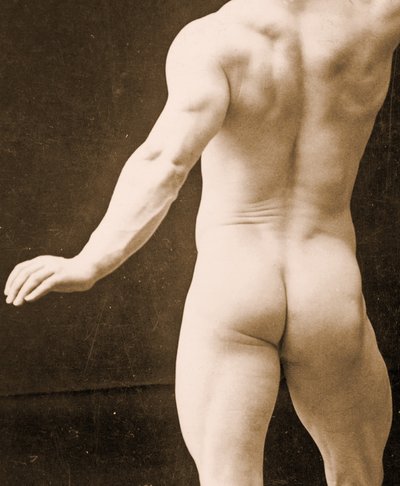 Eugen Sandow, klassisessa antiikin kreikkalais-roomalaisessa asennossa, yksityiskohta DGC 1073442 c.1894 bw valokuvasta tekijältä George Steckel