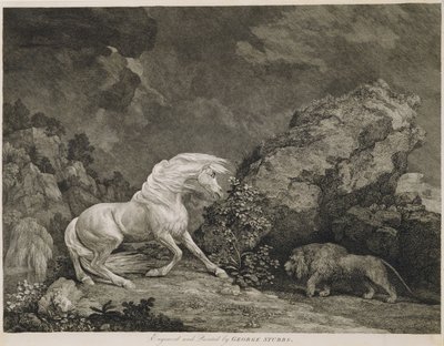 Leijonan pelästynyt hevonen, taiteilijan kaivertama tekijältä George Stubbs