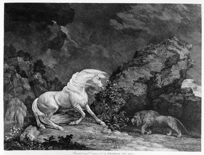 Leijonan pelästynyt hevonen, taiteilijan kaivertama, 1777 tekijältä George Stubbs