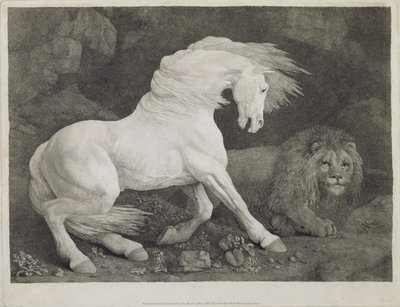 Leijonan pelästynyt hevonen, taiteilijan kaivertama, pubi. 1788 tekijältä George Stubbs