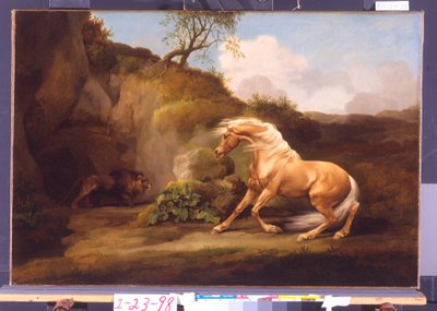 Leijonan pelästynyt hevonen, n. 1790-5 tekijältä George Stubbs