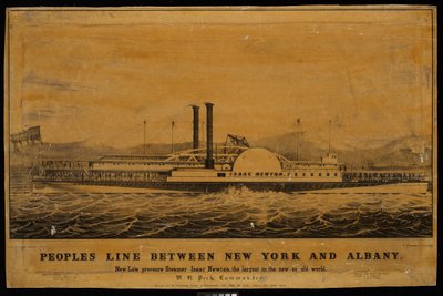 Kansojen linja New Yorkin ja Albanyn välillä. Uusi matalapainehöyrylaiva Isaac Newton, suurin uudessa ja vanhassa maailmassa (litografia). tekijältä George T. (after) Sanford