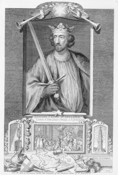Edward I (1239-1307) Englannin kuningas vuodesta 1272, patsaan jäänteiden jälkeen, taiteilijan kaiverrus (kaiverrus) tekijältä George Vertue