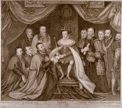 Edward VI allekirjoittaa peruskirjan Bridewellin antamisesta Lontoon Citylle työtaloksi, 1552 1750 tekijältä George Vertue