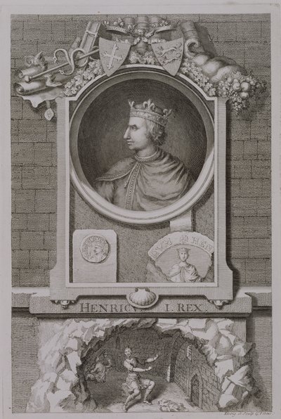 Henrik I (1068-1135) Englannin kuningas vuodelta 1100, taiteilijan kaivertama tekijältä George Vertue