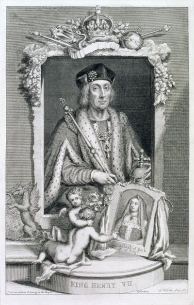 Henry VII (1457-1509) Englannin kuningas vuodesta 1485, taiteilijan kaivertaman kuninkaallisen kokoelman muotokuvan jälkeen tekijältä George Vertue