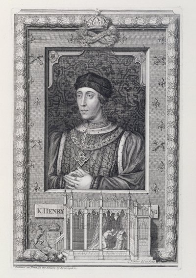 Henrik VI (1421-71) Englannin kuningas 1421-66 ja 1470-71 Kensingtonin palatsissa taiteilijan kaivertaman muotokuvan jälkeen tekijältä George Vertue