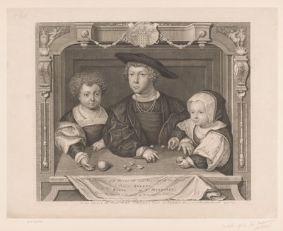 Portret van Dorothea, Johan ja Christina van Denmarken K. Henry VII:n ja hänen kuningattarensa Elizabethin kolme lasta. I. Prinssi Arthur, II. PR. Henrik, III. Ps. Margaret (otsikko esineessä) Portretten van de Tudors (sarjan nimi) Historialliset muotokuva tekijältä George Vertue