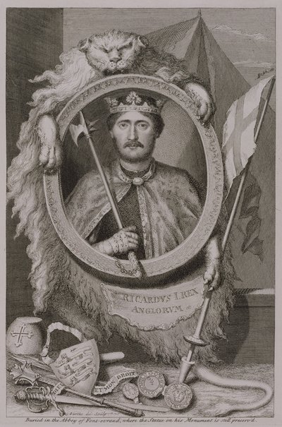 Richard I "Coeur de Lion" (1157-99) Englannin kuningas vuodelta 1189, hänen Fontevraultin muistomerkkinsä kuvasta, taiteilijan kaivertama (kaiverrus) tekijältä George Vertue
