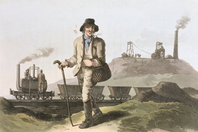 Blenkinsop-veturi Middletonin tehtaalla lähellä Leedsiä, Robert Havellin (1769-1832) kaiverruksesta "Yorkshiren puku" 1814 tekijältä George Walker
