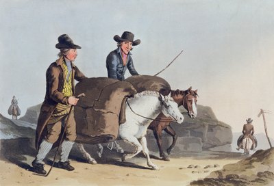 Kankaanvalmistajat vievät kangasta markkinoille Robert Havellin (1769-1832) kaivertamasta "Yorkshiren asusta" 1814 tekijältä George Walker
