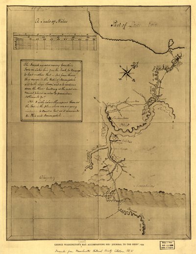 George Washingtonin kartta, joka liittyy hänen "Ohion päiväkirjaansa", 1754. LOC 99446116 tekijältä George Washington